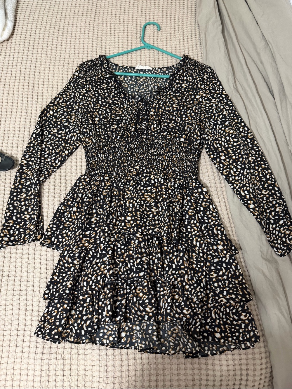 Altar'd State Black Long-Sleeve Printed Smocked Waist Tiered Dress